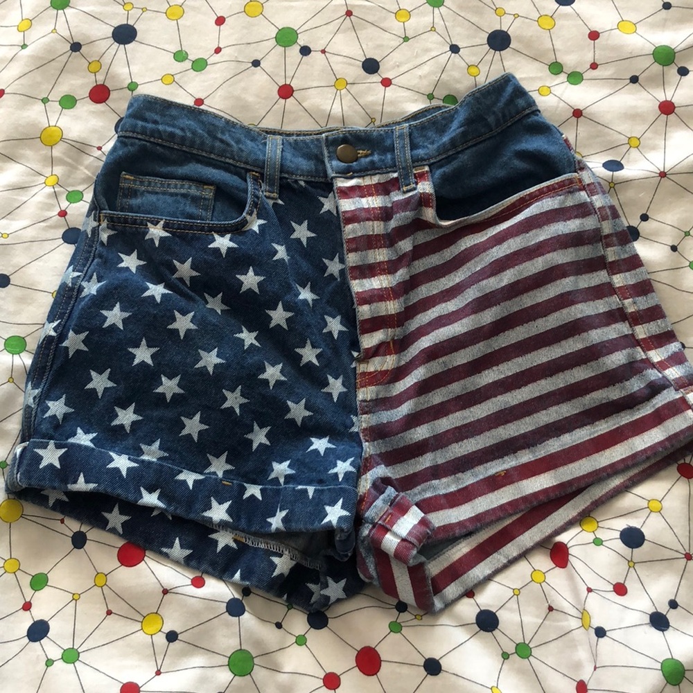 American Apparel Star and Stripe Denim Shorts - Blue and Red